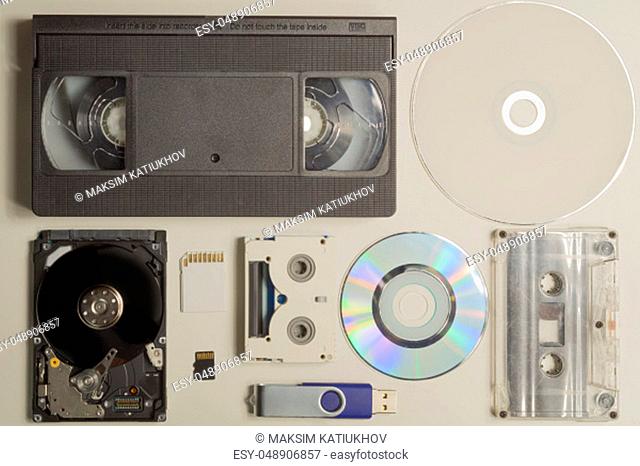 Various media types. compact disc. memory card. video and audio cassette. memory stick. media types evolution