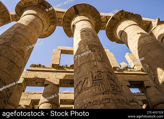 Columns in the Hypostyle Hall. Temple of Karnak. El-Karnak, Luxor Governorate, Egypt, Africa, Middle East