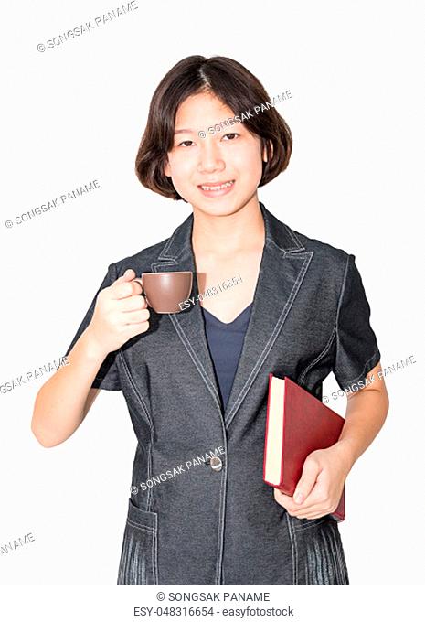 Young female short hair holding up red book and coffee cup, Cut out isolated on white background