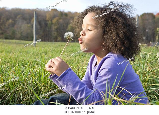 Young girl blowing dandelion
