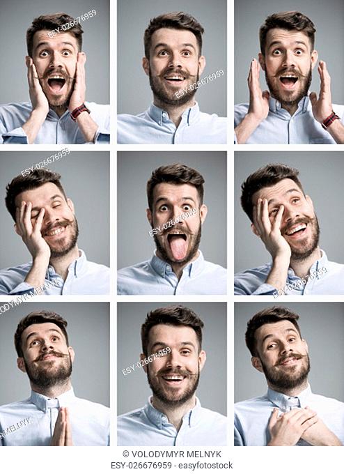 Set of young man&#39;s portraits with different emotions on gray background