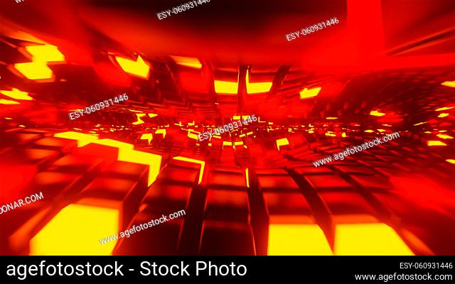 A 3D render of red and yellow neon light cubes