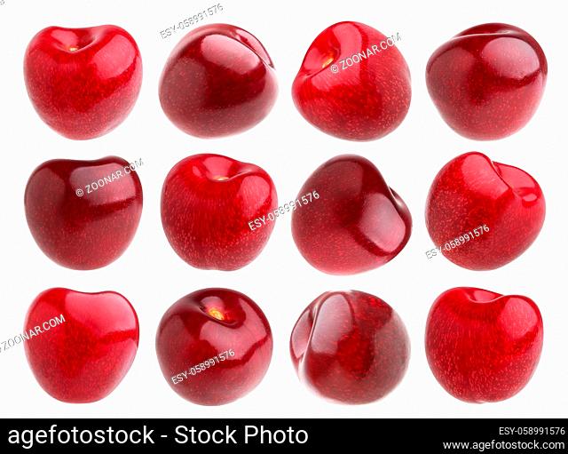 Isolated cherry. Collection of cherries isolated on white background with clipping path