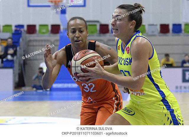 L-R Kristen Brooke Sharp (Bourges) and Teja Oblak (USK) in action during the Women's European Basketball League 3rd round group A game: ZVVZ USK Prague vs...