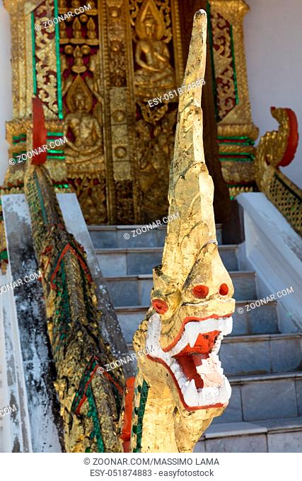 November 27, 2016, Luang Prabang, Laos. Decorations and statues in temple