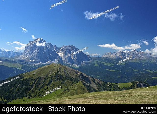 View from the Seceda to the Langkofel, Dolomites, Trentino South Tyrol, Italy, Europe