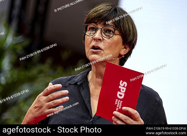 19 June 2021, Berlin: Saskia Esken, SPD Chairwoman, speaks before the Workers' Initiative roundtable at the kick-off of the SPD Digital Future Camp