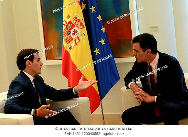 Madrid Spain; 07/05/2019. .The acting President of the Spanish Government, Pedro Sánchez, receives the leader of Ciudadanos Party (Cs) Albert Rivera in the...