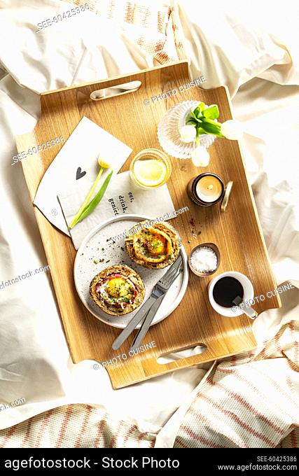 Breakfast Tray: Egg nest coffee breads