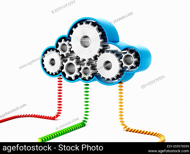 Gears forming a cloud shape connected with colored lines. 3D illustration