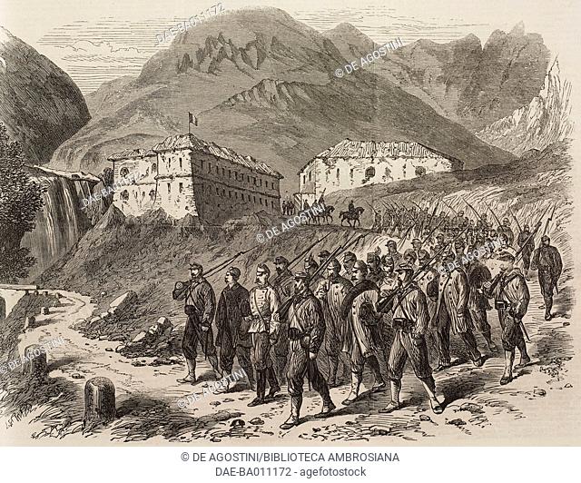 Austrian prisoners of war leaving the fort of Ampola, escorted by Garibaldians, Italy, Third Italian War of Independence