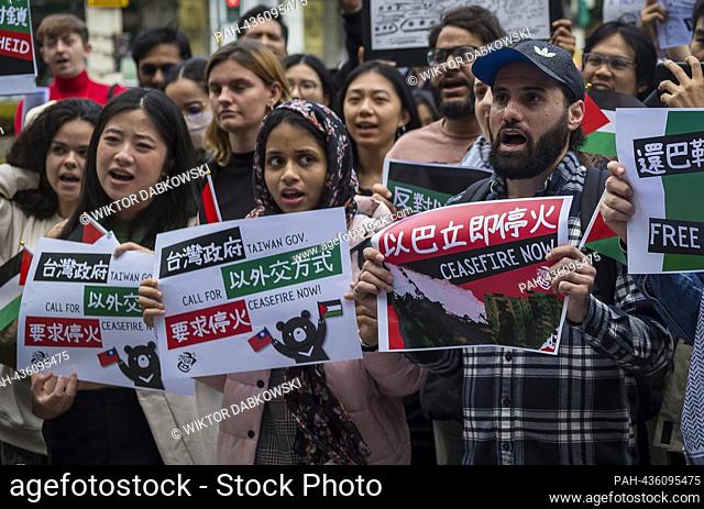 Demonstration Urging Taiwanese Government for Diplomatic Action in Palestinian-Israeli Conflict during a protest in Taipei