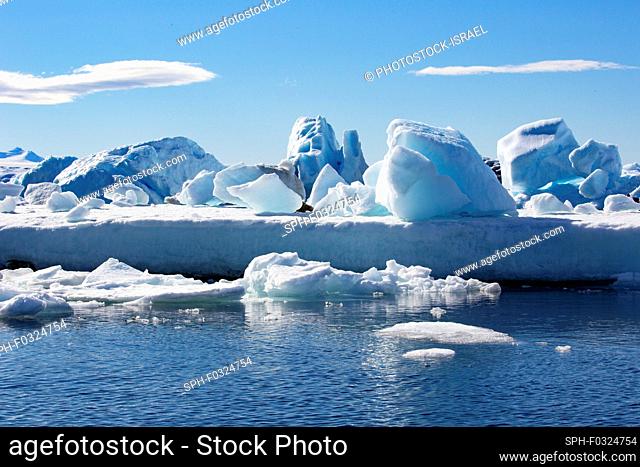 Melting iceberg with ice floe in foreground, floating in the sea, Antarctica