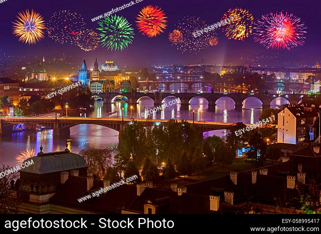 Fireworks in Prague - Czech Republic - travel and architecture background