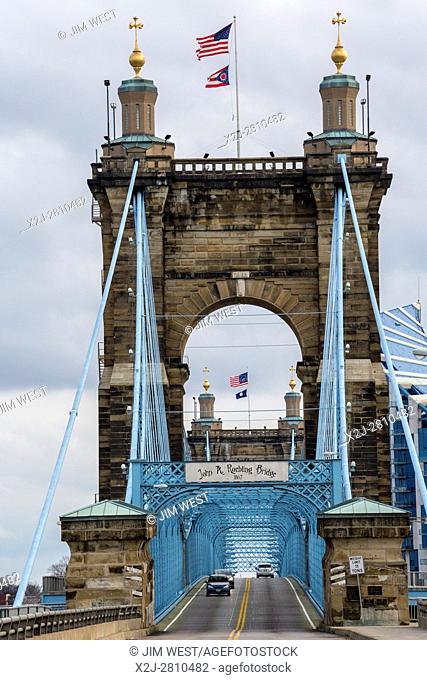 Cincinnati, Ohio - The John A. Roebling suspension bridge spans the Ohio River, connecting Cincinnati with Covington, Kentucky