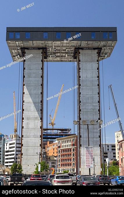 Detroit, Michigan - The Exchange, a 16-story apartment building being constructed from the top down in the Greektown neighborhood