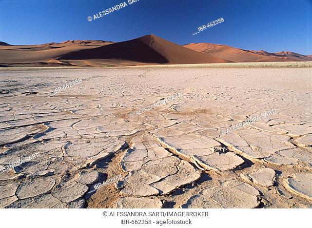 Dried, cracked earth in front of a star dune, Sossusvlei, Namibia, Africa