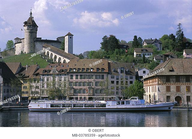 Switzerland, Schaffhausen,  Schiffslände, trip boat,  M'S Arenenberg Houses, Rhine, water, waters, river, ship, landing place, boat, engine ship, castle, houses