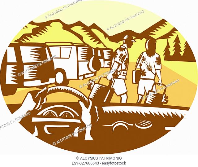 Illustration showing hands on steering wheel looking out of car windshield, with man and woman, wearing Hawaiian shirts, pulling suitcases at a parking lot full...