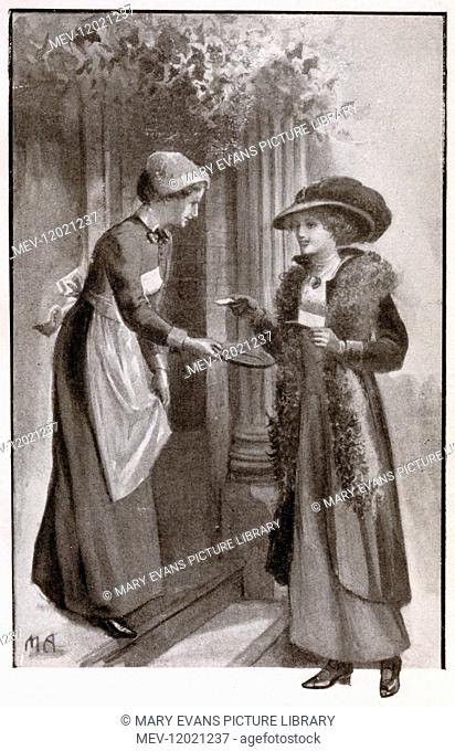 Black and white illustration of a smartly-dressed lady leaving her calling card with a maid, from The Etiquette of To-Day published by Girl's Own Paper