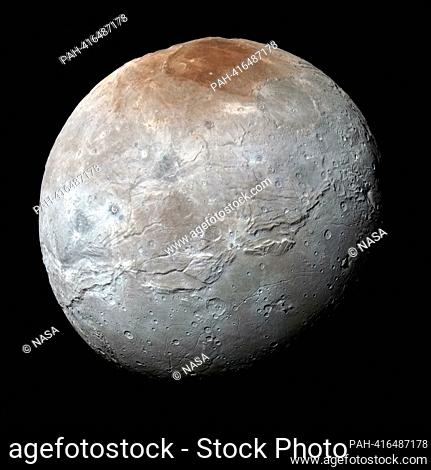 Charon's color palette is not as diverse as Pluto's; most striking is the reddish north (top) polar region, informally named Mordor Macula