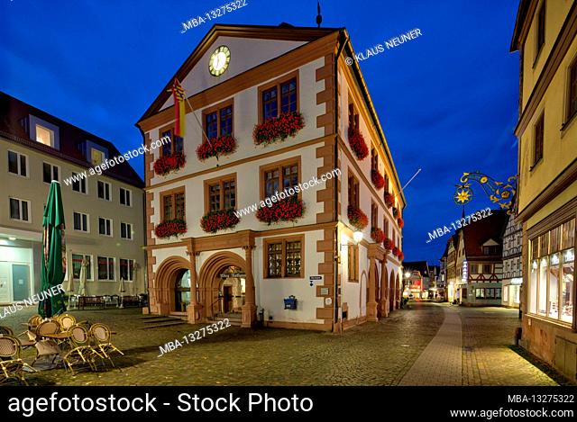 Old town hall and city library, market square, blue hour, architecture, Lohr am Main, Main Spessart, Lower Franconia, Bavaria, Germany, Europe