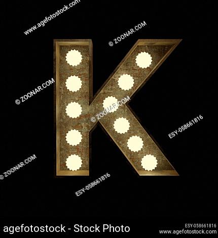 Metal letter K with small lamps on a dark background, 3d rendering
