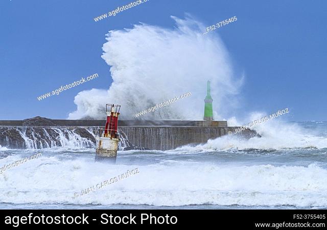 Swell in the Cantabrian Sea in the area of the Buoy Lighthouse of La Barra de San Vicente de la Barquera, at the mouth of the port