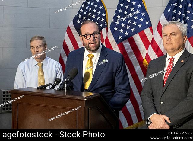 United States Representative Jason Smith (Republican of Missouri), Chair, US House Committee on Ways and Means, center, is joined by United States...