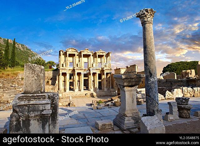 The ancient Library of Celsus , a Roman building ruins in Ephesus, Anatolia, Turkey