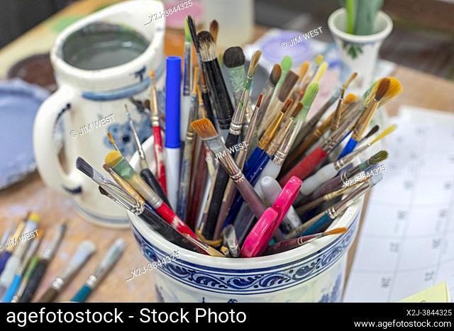 Holland, Michigan - Brushes used for painting Delftware at the De Klomp Wooden Shoe and Delft Factory, part of the Veldheer tulip farm