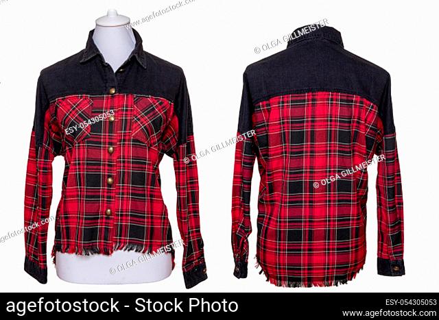 Spring and autumn fashion blouse. Collage set of elegant female red black checkered spring blouse with long sleeves on a mannequin isolated on a white...