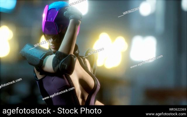 Future woman cyberpunk concept with neon city lights
