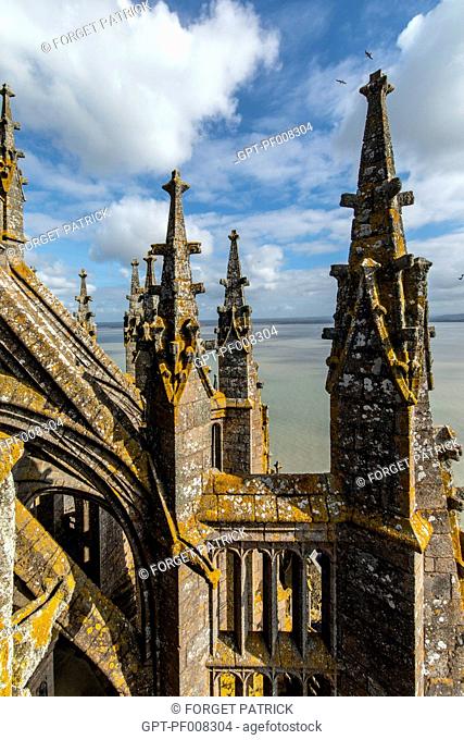 FLYING BUTTRESSES AND PINNACLES, GUTTER OF THE GOTHIC CHOIR, ABBEY OF MONT-SAINT-MICHEL (50), FRANCE
