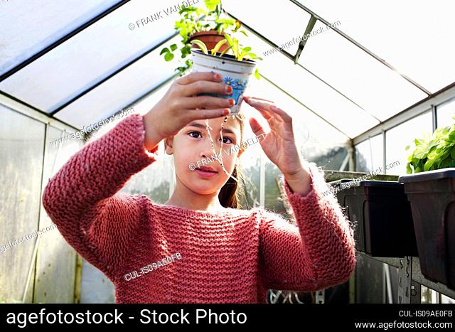 Girl holding plant pot, looking at roots