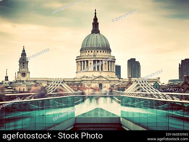 St Paul#39;s Cathedral dome seen from Millenium Bridge in London, the UK. Vintage