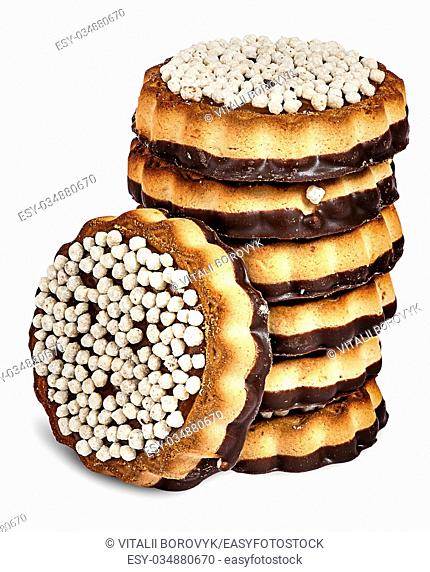 Stack chocolate cookies and one in front isolated on white background