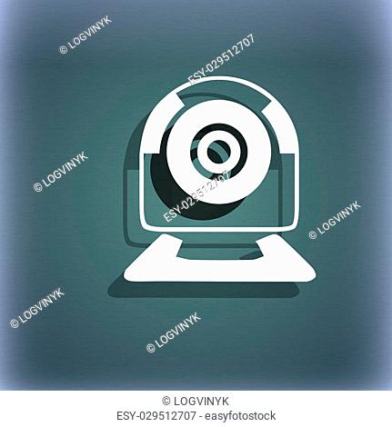 Webcam sign icon. Web video chat symbol. Camera chat. On the blue-green abstract background with shadow and space for your text. illustration