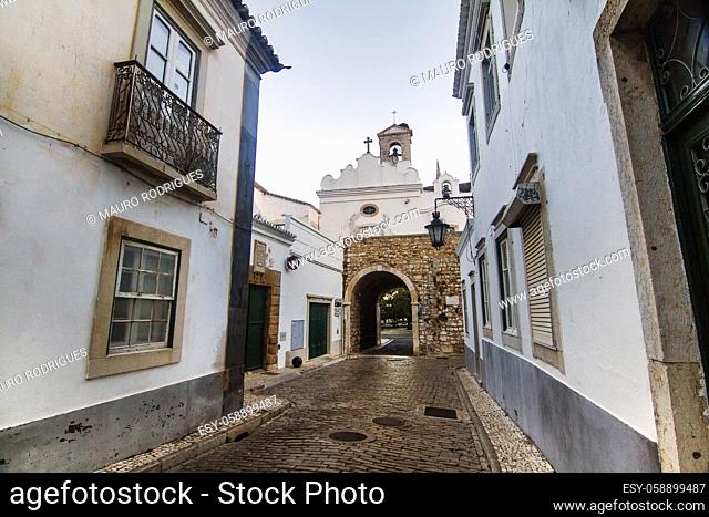 View of the historical streets on the old town of Faro, Portugal