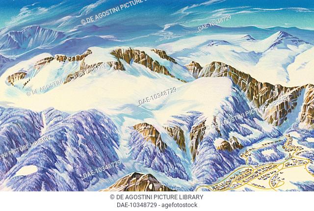 Winter view of Valsassina with Mount Zuccone Campelli, the Bobbio planes, Mount Sodadura and the Artavaggio planes, drawing, Lombardy, Italy