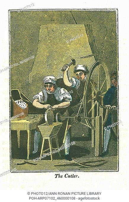 The Cutler. Knife blades are shaped at forge in background and sharpened on grindstone turned by wheel operated by boy on right