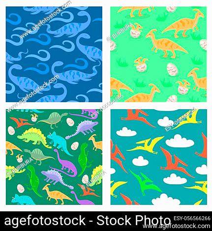 Set of seamless texture with dinosaurs. For scrabbooking, fabrics, wrapping paper and other. Vector graphics