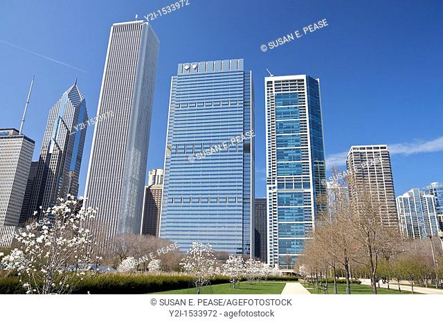 View of skyscrapers from Daley Bicentennial Plaza in Chicago's Grant Park  Chicago, Illinois, United States