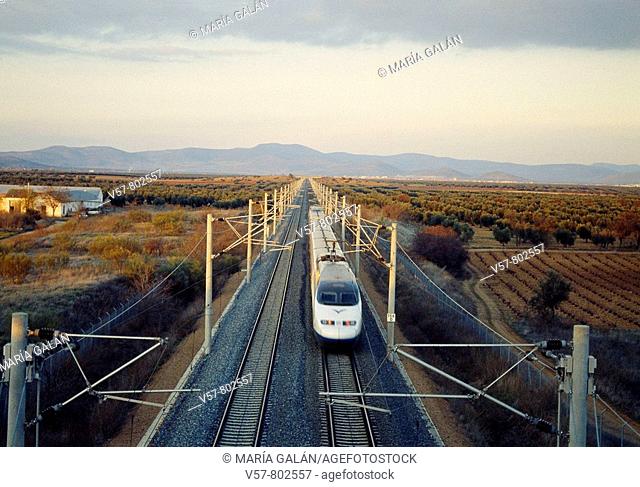 AVE High-speed train Madrid-Sevilla traveling along La Mancha. Ciudad Real province, Castilla La Mancha, Spain