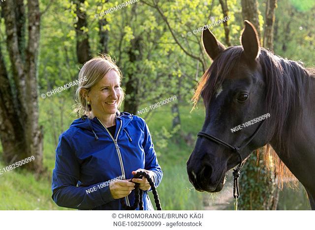 blonde woman and black Arabian horse with a ray of sunlight