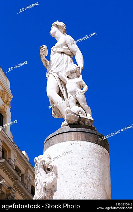 The statue known as Mariblanca are female figures of uncertain origin which may relate to the fertility goddesses Venus or Fortuna. Puerta del Sol