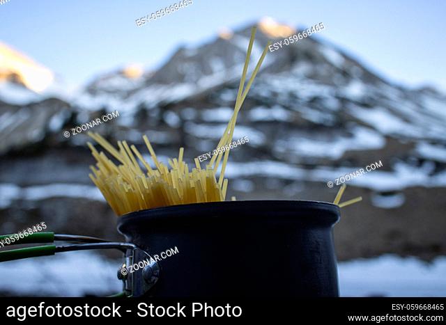 cooking pasta in the alps