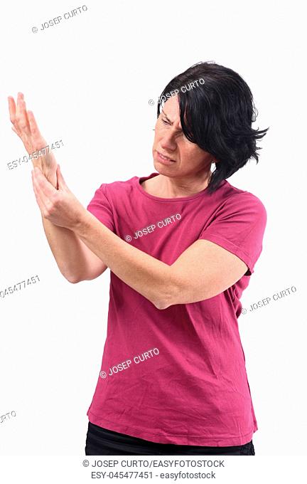 woman with pain on wrist on white background