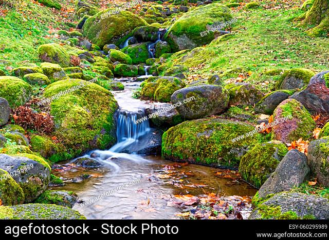 Mountain stream in the autumn forest. Cascade falls over mossy rocks. stream in Kadriorg, park, Tallinn, Estonia