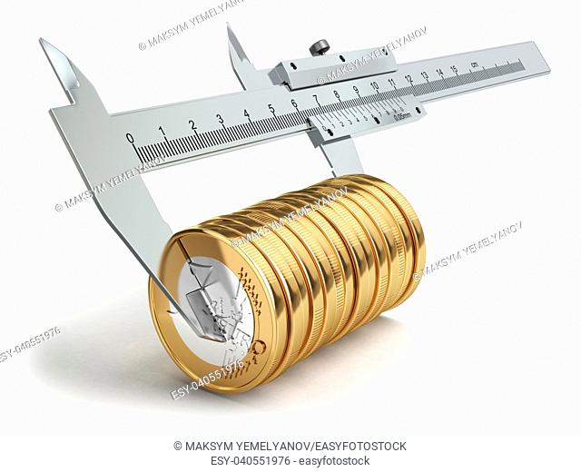 Small salary concept. Caliper measuring coins euro. 3d